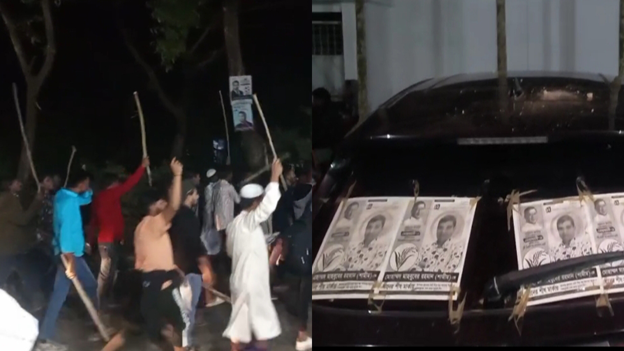 হাতিয়ায় হান্নান মাসউদের লাঠি মিছিল, বিএনপি প্রার্থীর গাড়িতে হামলা