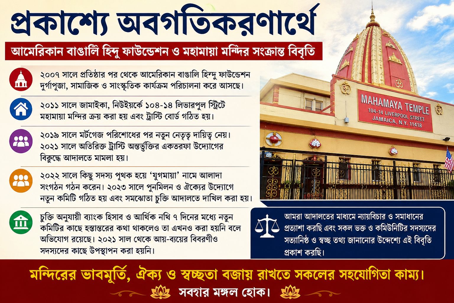 নিউইয়র্কে বাঙালি হিন্দু কমিউনিটির মন্দিরে প্রশাসনিক জটিলতা